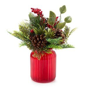 Pine, Berry & Pinecone Arrangement in Red Glass Vase